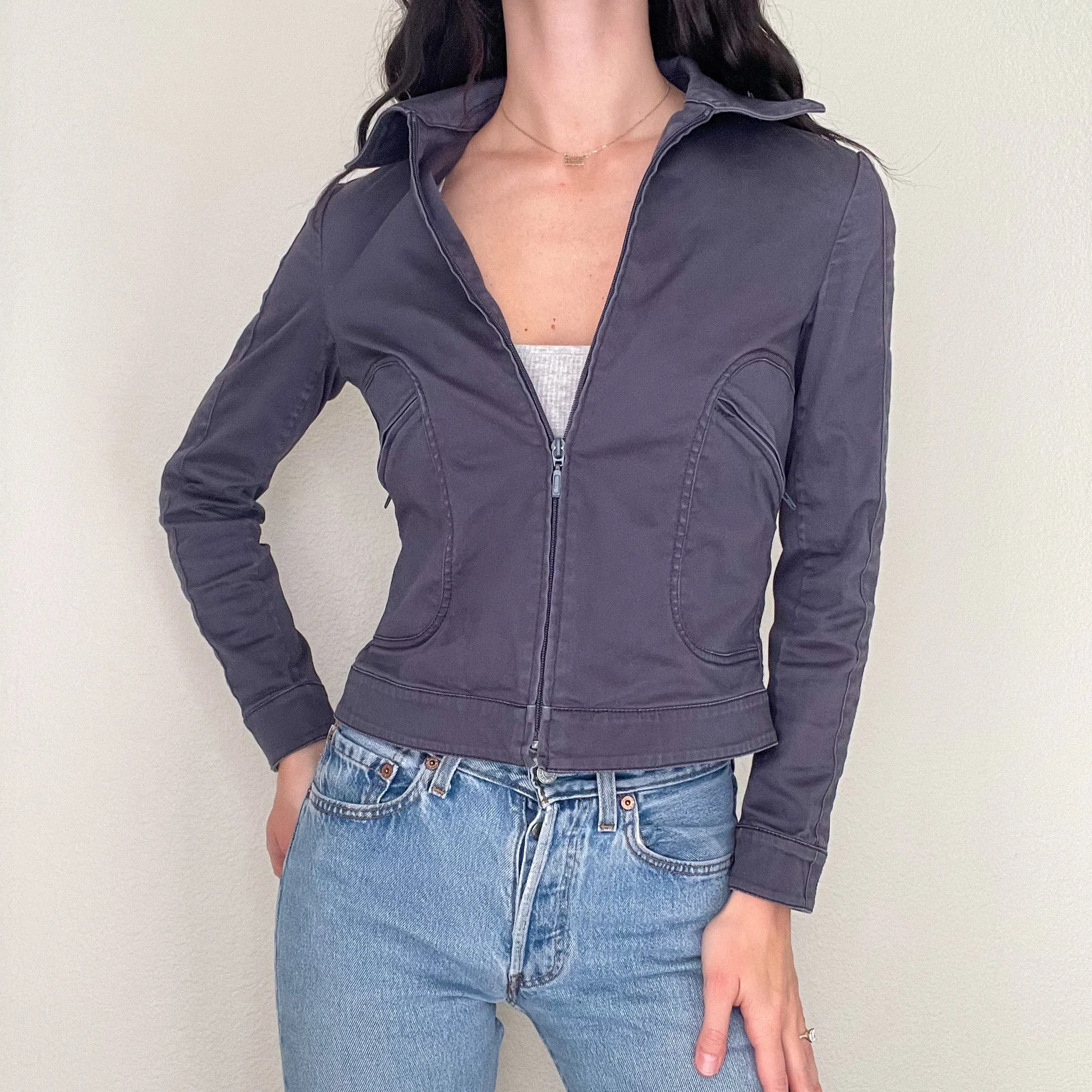 Grey Denim Zip Up Utility Jacket