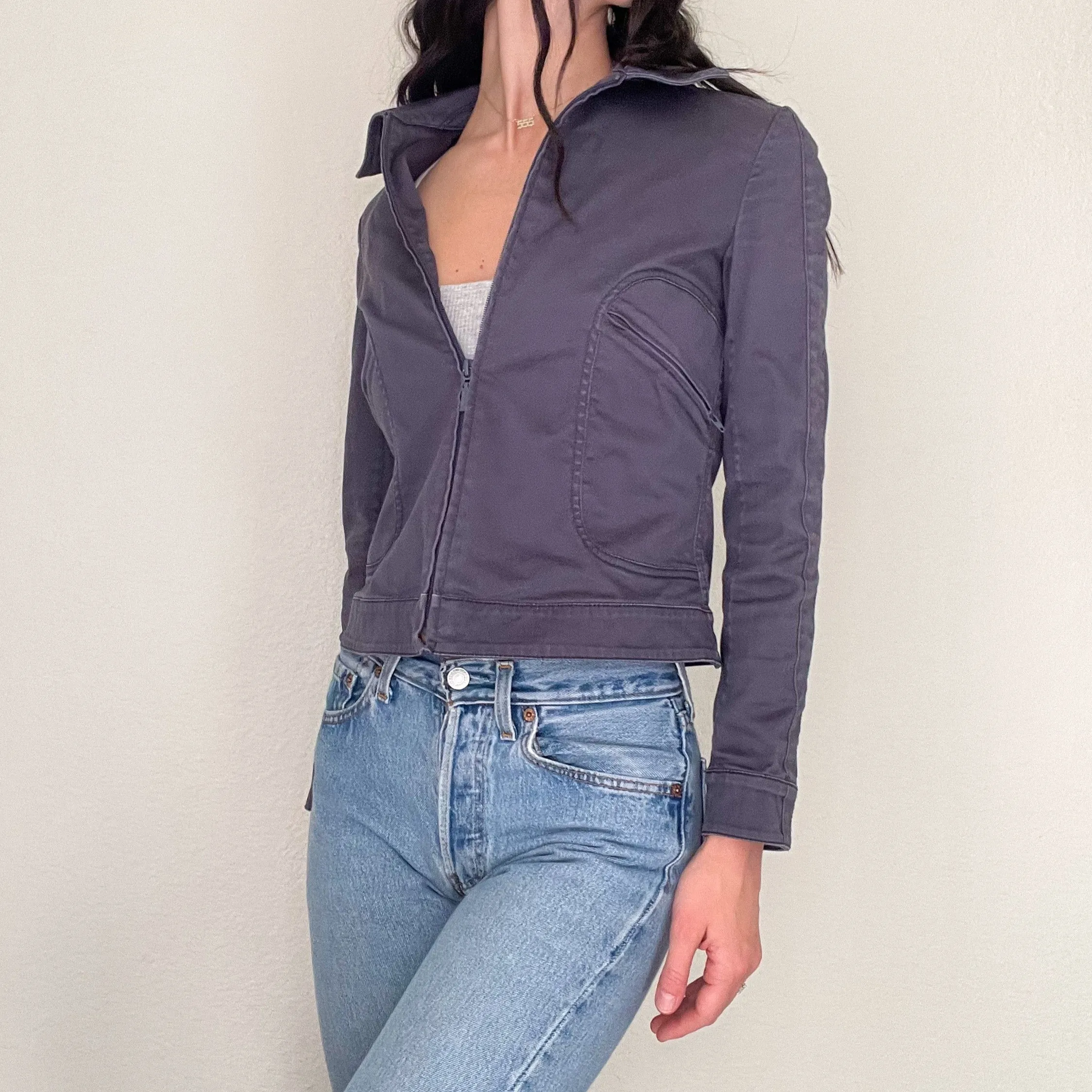 Grey Denim Zip Up Utility Jacket