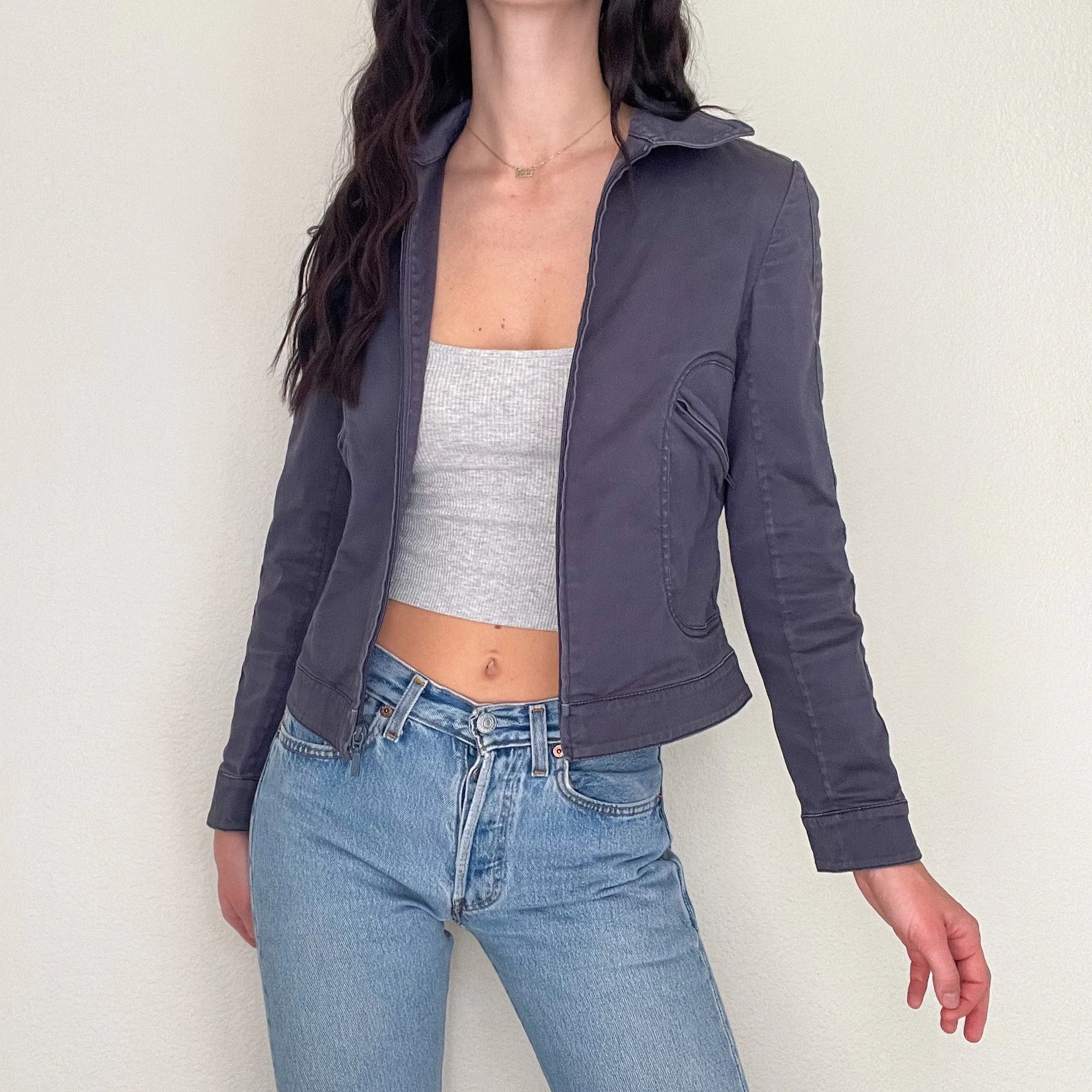 Grey Denim Zip Up Utility Jacket
