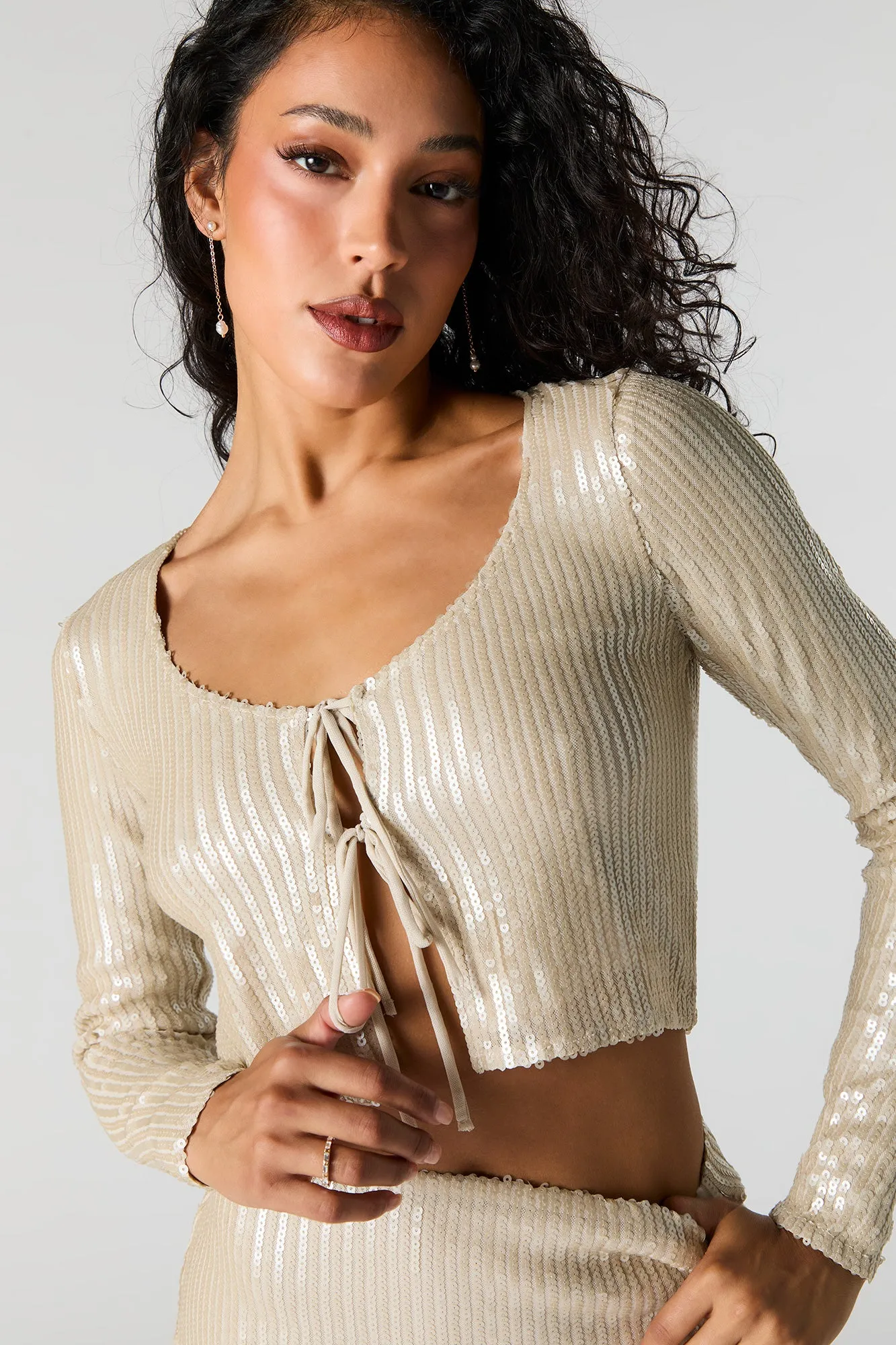 Shiny Sequin Tie Front Top