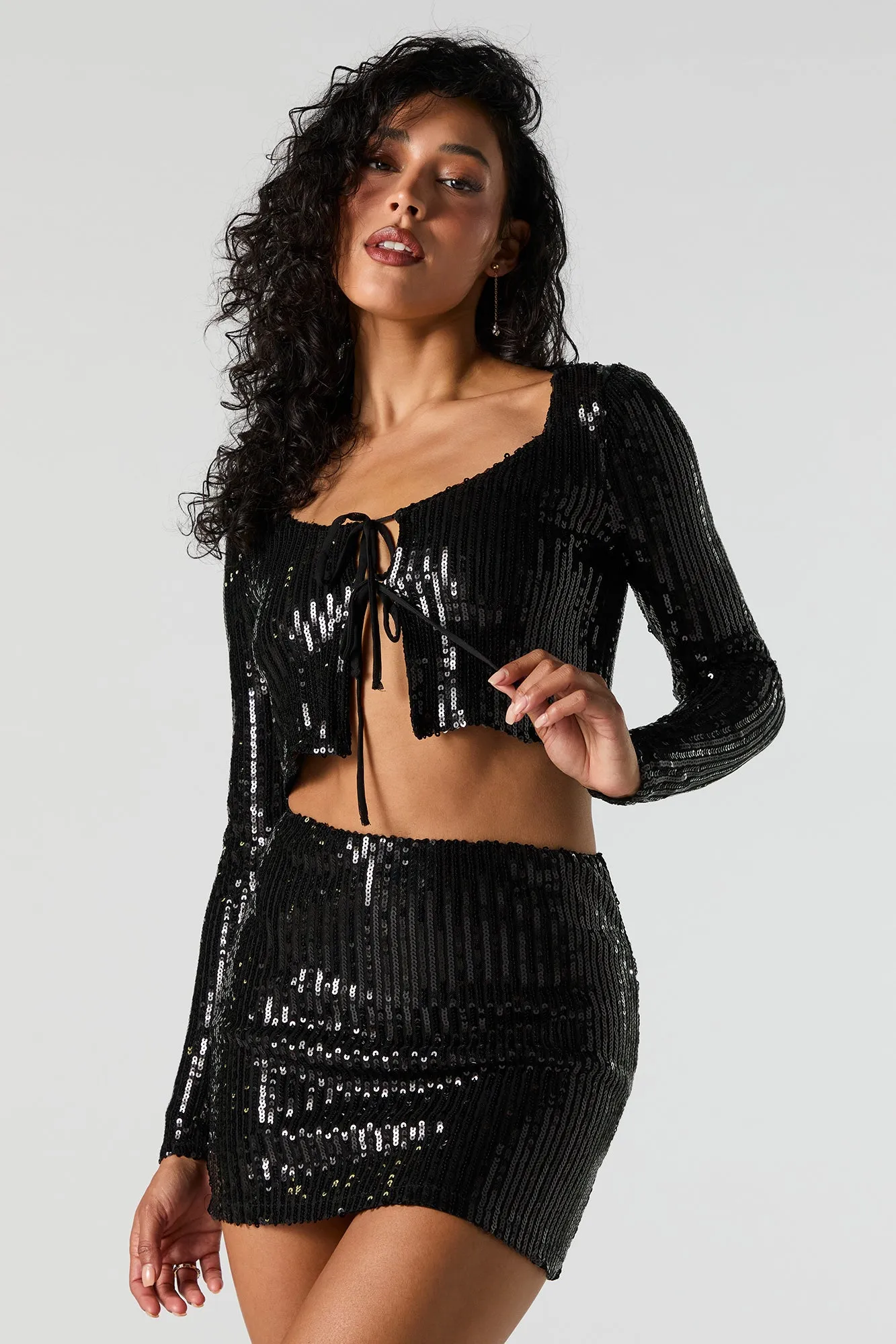 Shiny Sequin Tie Front Top
